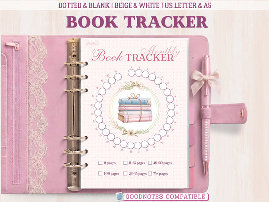 A monthly book tracker insert for a bullet journal displayed inside an open pink leather binder decorated with lace. The template features a circular tracking ring with 31 numbered round segments, an elegant illustration of a book stack tied with twine and flowers in the center, a page-count key, and a dotted background. Labeled as GoodNotes compatible.