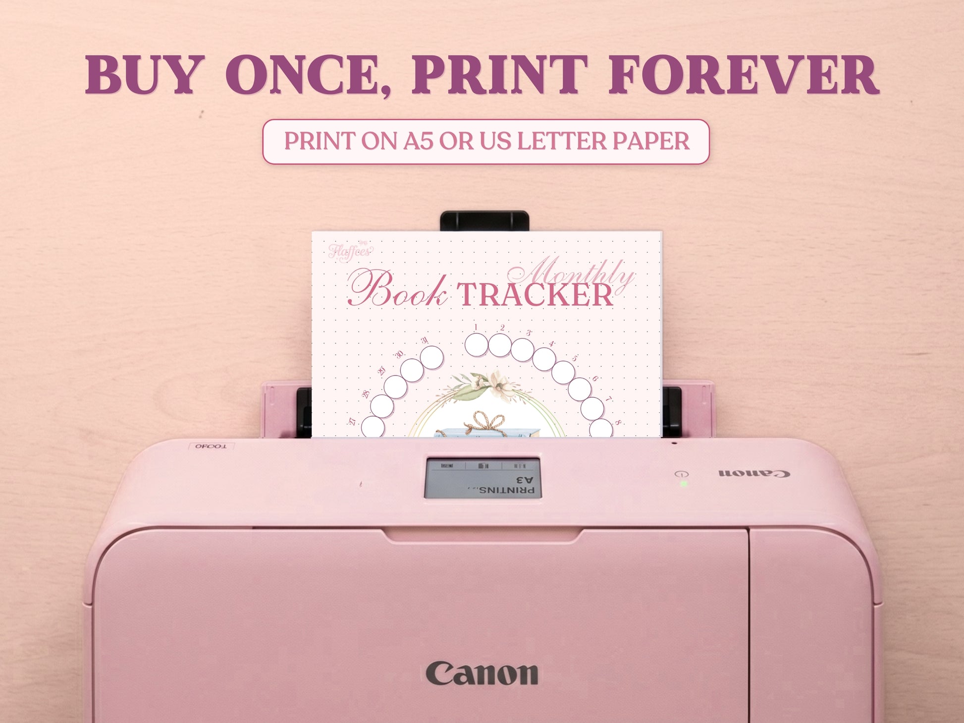 A white tablet showing the circular monthly reading tracker layout for a digital bullet journal, accompanied by a white stylus. The text headline at the top reads 'PERFECT FOR DIGITAL USE' against a textured pink background.