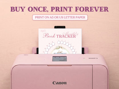 A white tablet showing the circular monthly reading tracker layout for a digital bullet journal, accompanied by a white stylus. The text headline at the top reads 'PERFECT FOR DIGITAL USE' against a textured pink background.