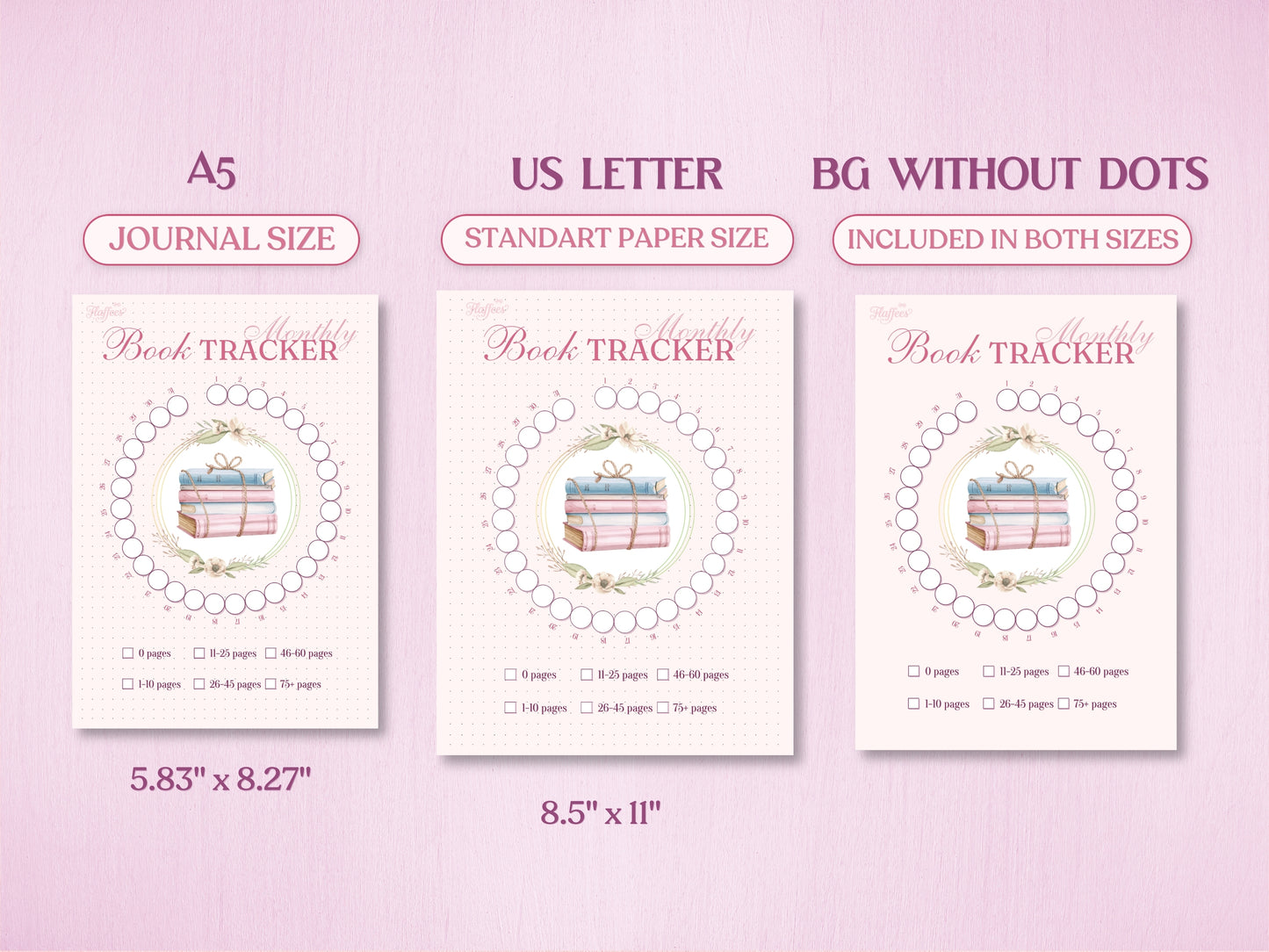 Technical layout displaying the circular monthly reading tracker page for a bullet journal in A5 (Journal Size, 5.83x8.27 inches) and US Letter (Standard Paper Size, 8.5x11 inches). Includes a preview of the 'BG WITHOUT DOTS' version on a soft pink background.