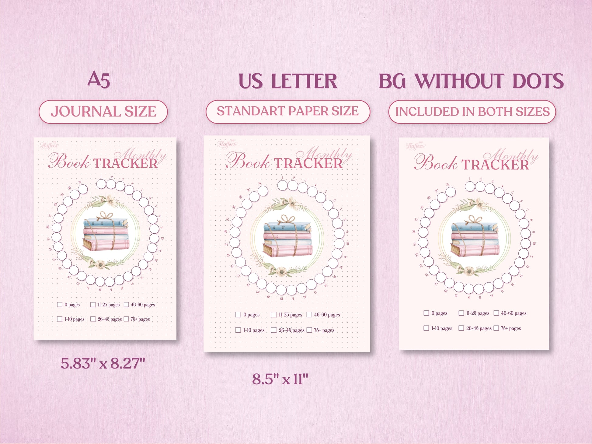 Technical layout displaying the circular monthly reading tracker page for a bullet journal in A5 (Journal Size, 5.83x8.27 inches) and US Letter (Standard Paper Size, 8.5x11 inches). Includes a preview of the 'BG WITHOUT DOTS' version on a soft pink background.