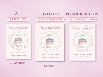 Technical layout displaying the circular monthly reading tracker page for a bullet journal in A5 (Journal Size, 5.83x8.27 inches) and US Letter (Standard Paper Size, 8.5x11 inches). Includes a preview of the 'BG WITHOUT DOTS' version on a soft pink background.