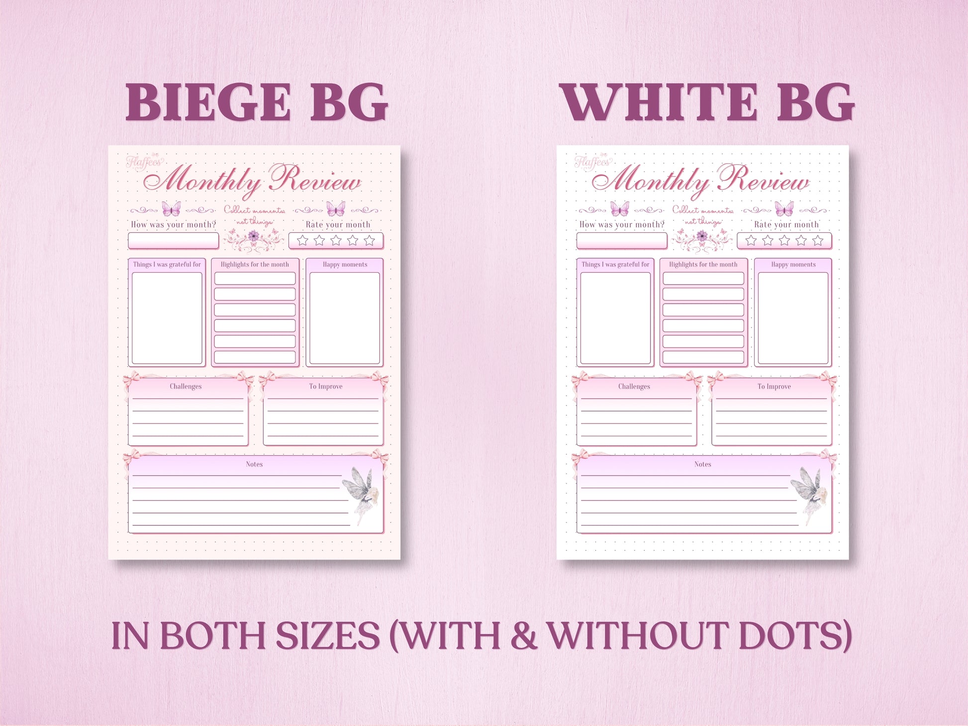 Product specification sheet showing two background color options for the monthly review layout in a bullet journal: Beige Background (Beige BG) and White Background (White BG). Labeled with 'IN BOTH SIZES (WITH & WITHOUT DOTS)' at the bottom.