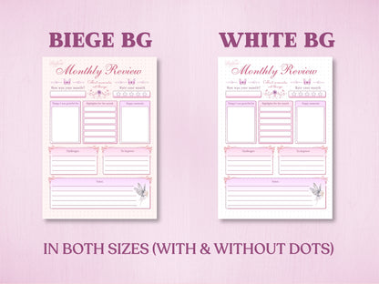Product specification sheet showing two background color options for the monthly review layout in a bullet journal: Beige Background (Beige BG) and White Background (White BG). Labeled with 'IN BOTH SIZES (WITH & WITHOUT DOTS)' at the bottom.