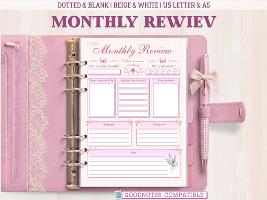 A monthly review page for a bullet journal displayed inside an aesthetic pink leather binder with lace borders and a matching pen. Features dedicated sections for gratitude, monthly highlights, happy moments, challenges, and things to improve. Decorated with purple butterflies and a small fairy illustration on a dotted background.