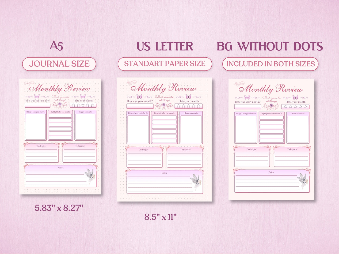 Technical layout showing the monthly review page for a bullet journal in A5 (Journal Size, 5.83x8.27 inches) and US Letter (Standard Paper Size, 8.5x11 inches). Includes a preview of the 'BG WITHOUT DOTS' version on a soft pink background.