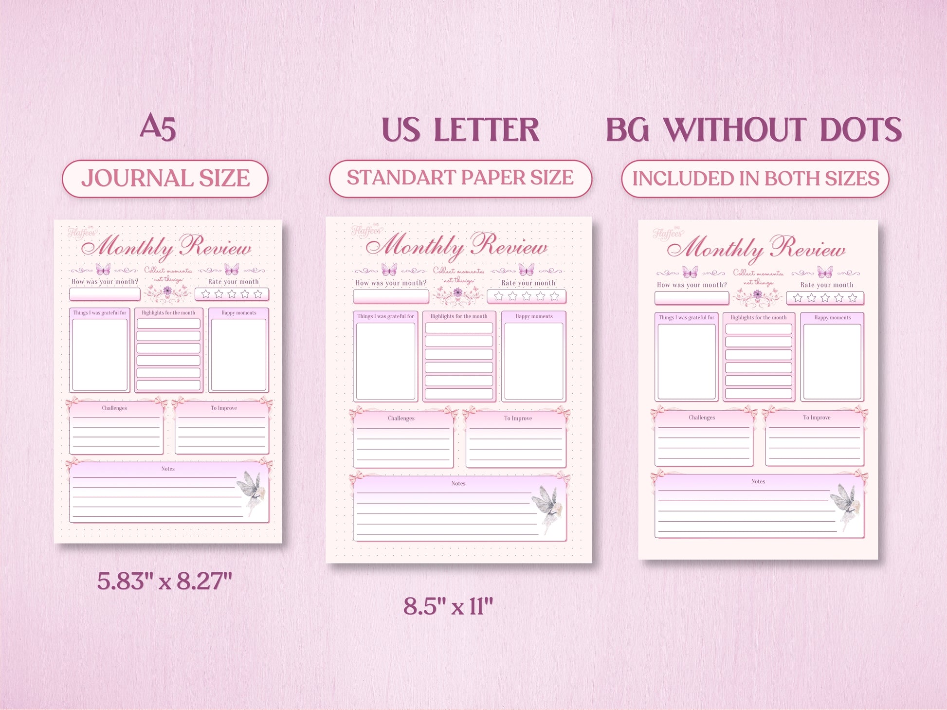 Technical layout showing the monthly review page for a bullet journal in A5 (Journal Size, 5.83x8.27 inches) and US Letter (Standard Paper Size, 8.5x11 inches). Includes a preview of the 'BG WITHOUT DOTS' version on a soft pink background.