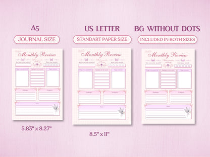 Technical layout showing the monthly review page for a bullet journal in A5 (Journal Size, 5.83x8.27 inches) and US Letter (Standard Paper Size, 8.5x11 inches). Includes a preview of the 'BG WITHOUT DOTS' version on a soft pink background.