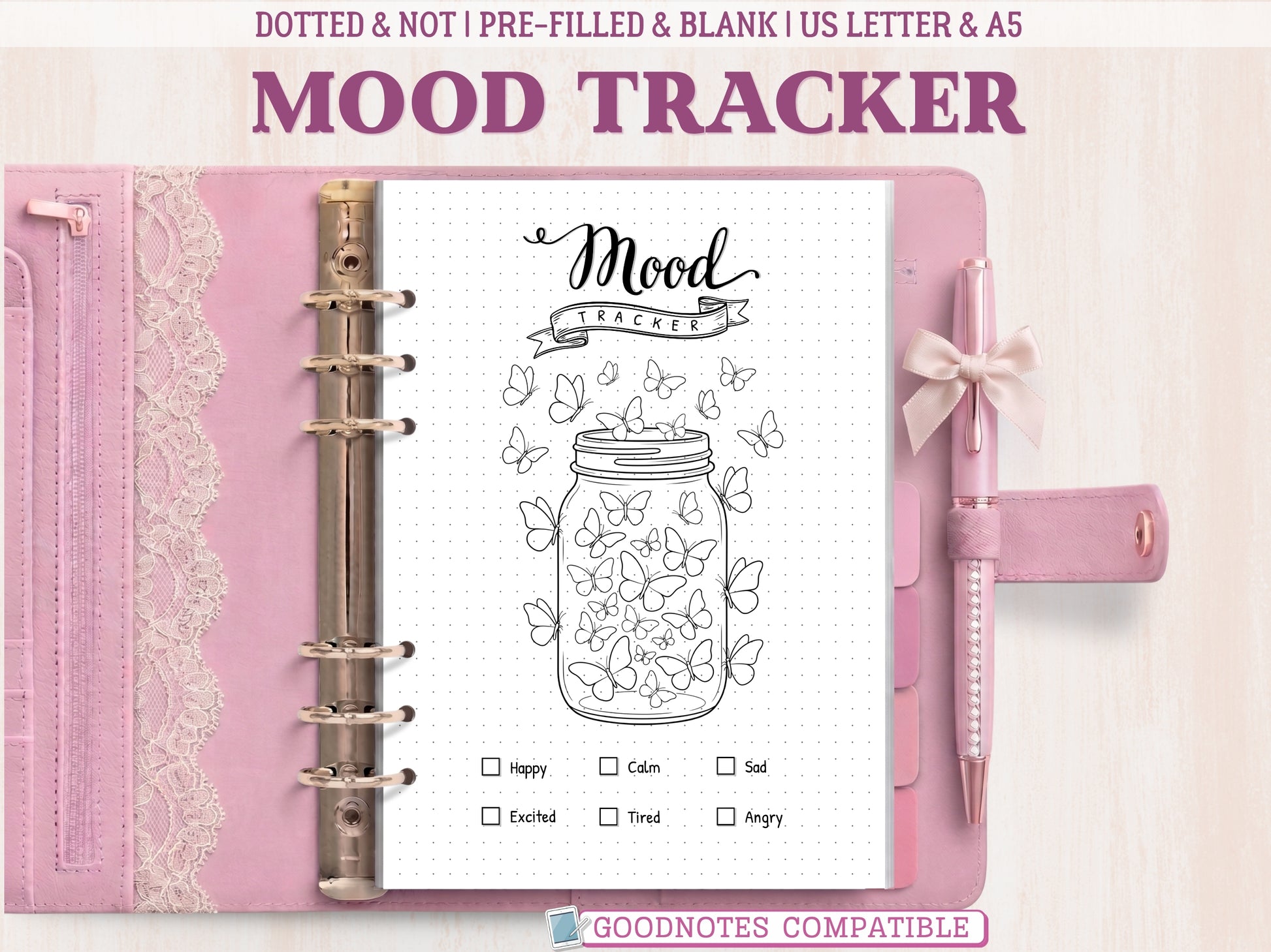 A minimalist butterfly jar mood tracker template for a bullet journal displayed inside an open pink leather binder decorated with lace. Features a black and white line-art illustration of a glass jar surrounded by flying butterflies to color in. Labeled as GoodNotes compatible.