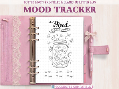 A minimalist butterfly jar mood tracker template for a bullet journal displayed inside an open pink leather binder decorated with lace. Features a black and white line-art illustration of a glass jar surrounded by flying butterflies to color in. Labeled as GoodNotes compatible.