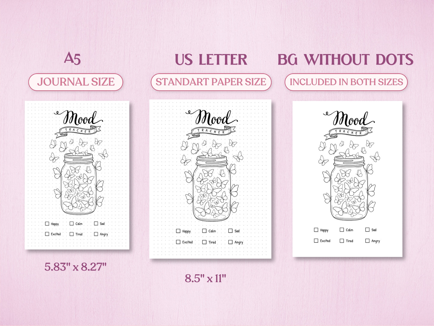 Technical layout showing the minimalist butterfly jar mood tracker page for a bullet journal in A5 (Journal Size) and US Letter (Standard Paper Size). Includes a preview of the 'BG WITHOUT DOTS' version on a clean white background.