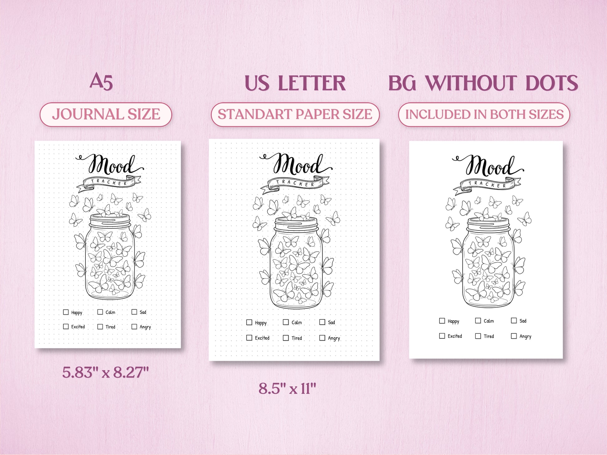 Technical layout showing the minimalist butterfly jar mood tracker page for a bullet journal in A5 (Journal Size) and US Letter (Standard Paper Size). Includes a preview of the 'BG WITHOUT DOTS' version on a clean white background.