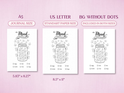 Technical layout showing the minimalist butterfly jar mood tracker page for a bullet journal in A5 (Journal Size) and US Letter (Standard Paper Size). Includes a preview of the 'BG WITHOUT DOTS' version on a clean white background.