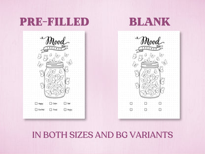 Product specification sheet showing two minimalist variations of the butterfly jar mood tracker in a bullet journal: a Pre-Filled version with mood check-boxes and a completely Blank layout option. Labeled with 'IN BOTH SIZES AND BG VARIANTS'.