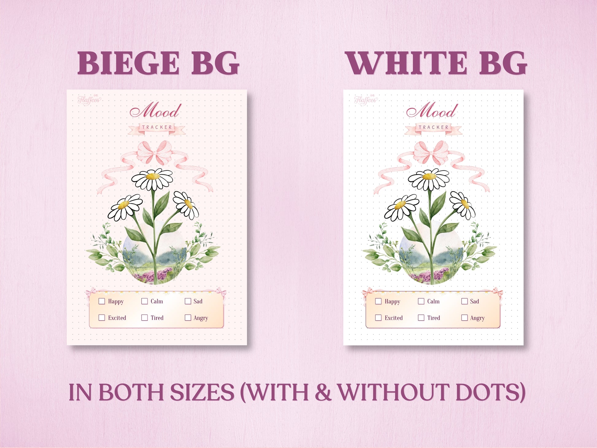Product specification sheet showing two background color options for a daisy flower mood tracker layout in a bullet journal: Beige Background (Beige BG) and White Background (White BG). Labeled with 'IN BOTH SIZES (WITH & WITHOUT DOTS)' at the bottom.