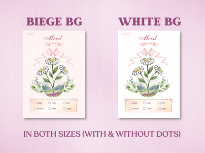 Product specification sheet showing two background color options for a daisy flower mood tracker layout in a bullet journal: Beige Background (Beige BG) and White Background (White BG). Labeled with 'IN BOTH SIZES (WITH & WITHOUT DOTS)' at the bottom.