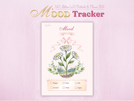 Mood tracker page featuring three beautiful hand-drawn daisies with a soft pink bow and flowing ribbons. Below the flowers is a serene watercolor meadow illustration. Includes mood categories: Happy, Calm, Sad, Excited, Tired, and Angry on a warm gradient footer with a dotted background for a classic bullet journal look.