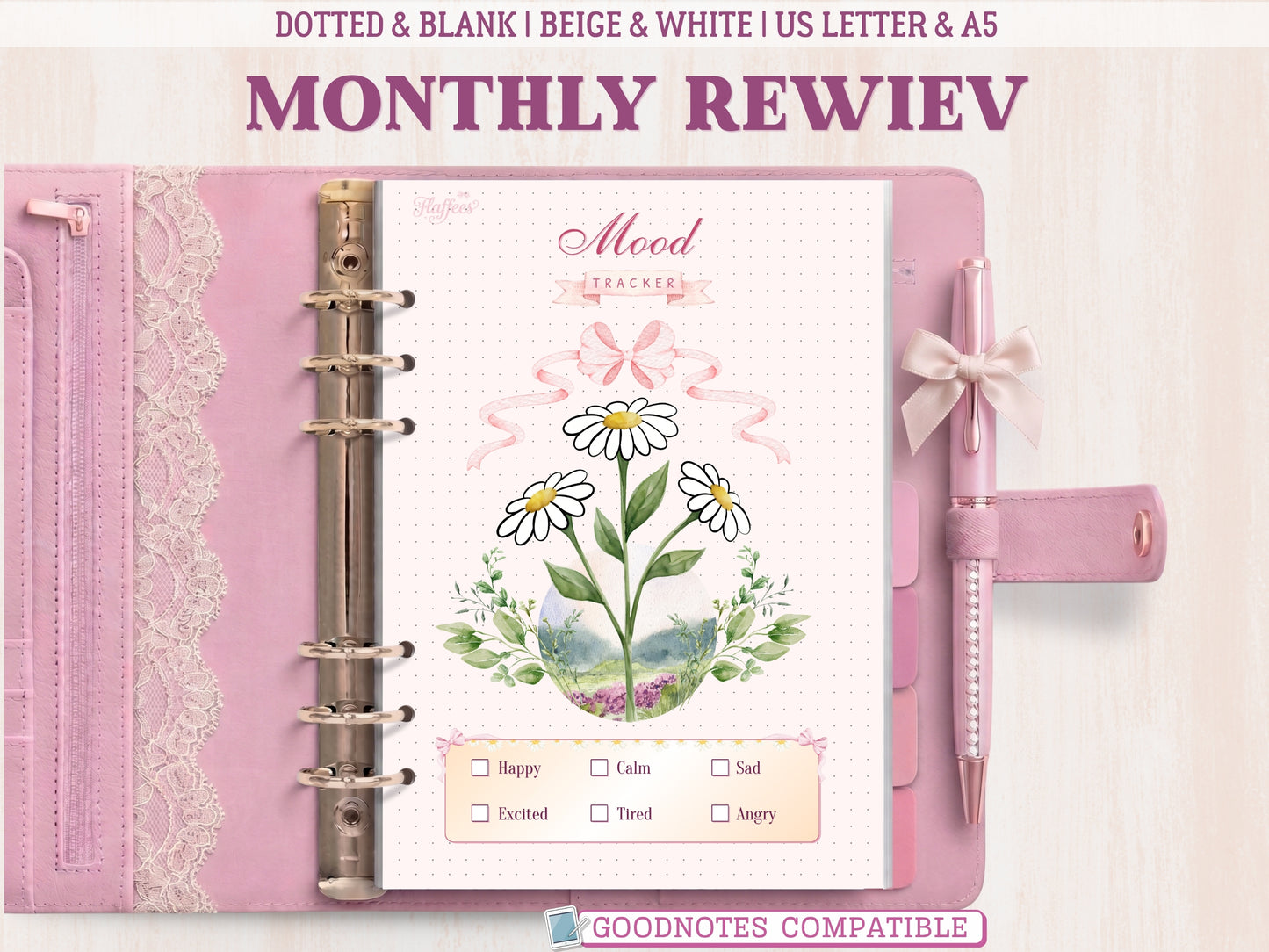 A bullet journal mood tracker page shown inside a pastel pink leather binder with lace detailing and a matching bow pen. Features an aesthetic illustration of three daisy flowers with green leaves, a pink ribbon bow, a dotted background, and a mood key at the bottom. Labeled as GoodNotes compatible.