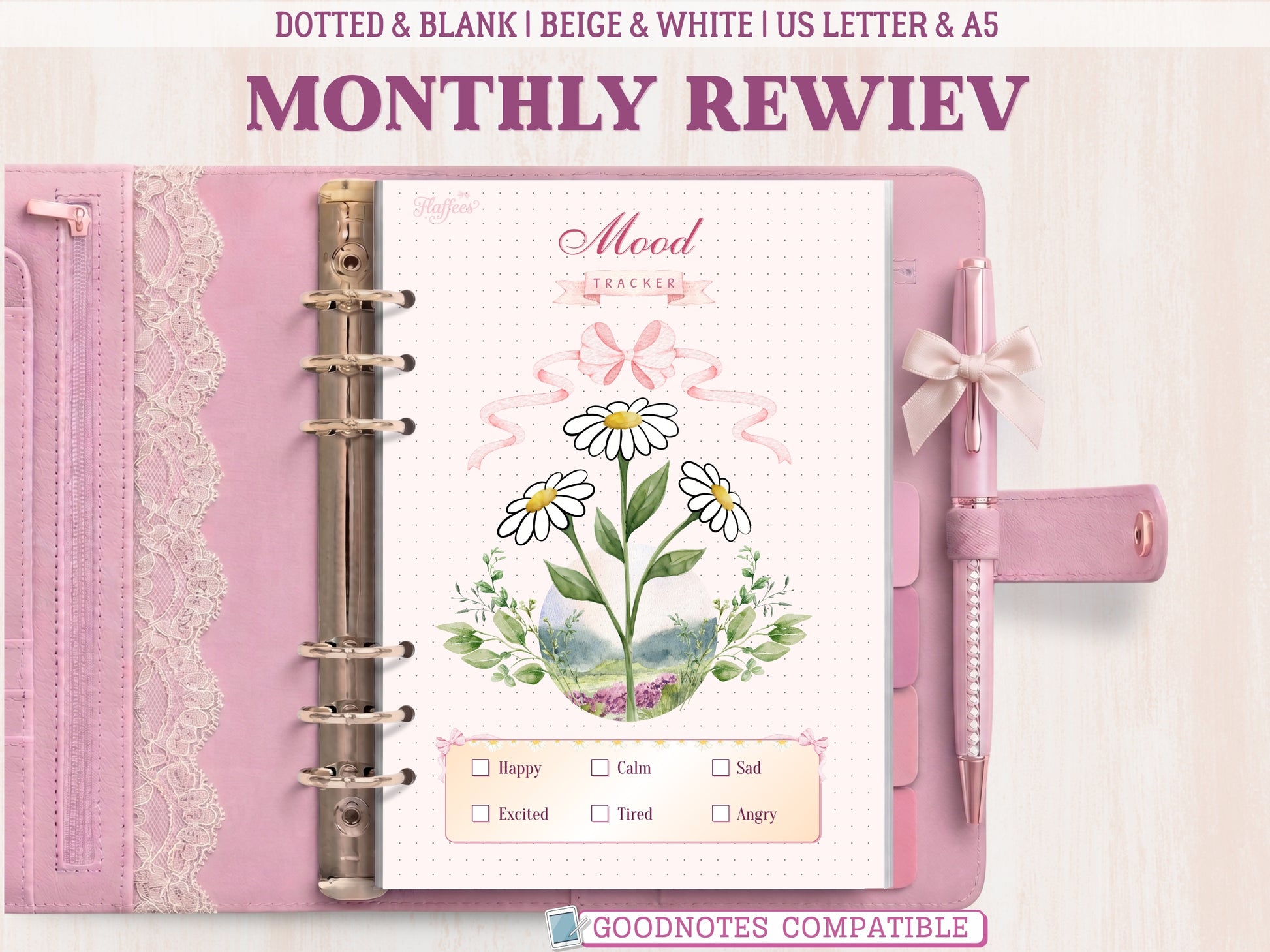A bullet journal mood tracker page shown inside a pastel pink leather binder with lace detailing and a matching bow pen. Features an aesthetic illustration of three daisy flowers with green leaves, a pink ribbon bow, a dotted background, and a mood key at the bottom. Labeled as GoodNotes compatible.