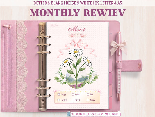 A bullet journal mood tracker page shown inside a pastel pink leather binder with lace detailing and a matching bow pen. Features an aesthetic illustration of three daisy flowers with green leaves, a pink ribbon bow, a dotted background, and a mood key at the bottom. Labeled as GoodNotes compatible.