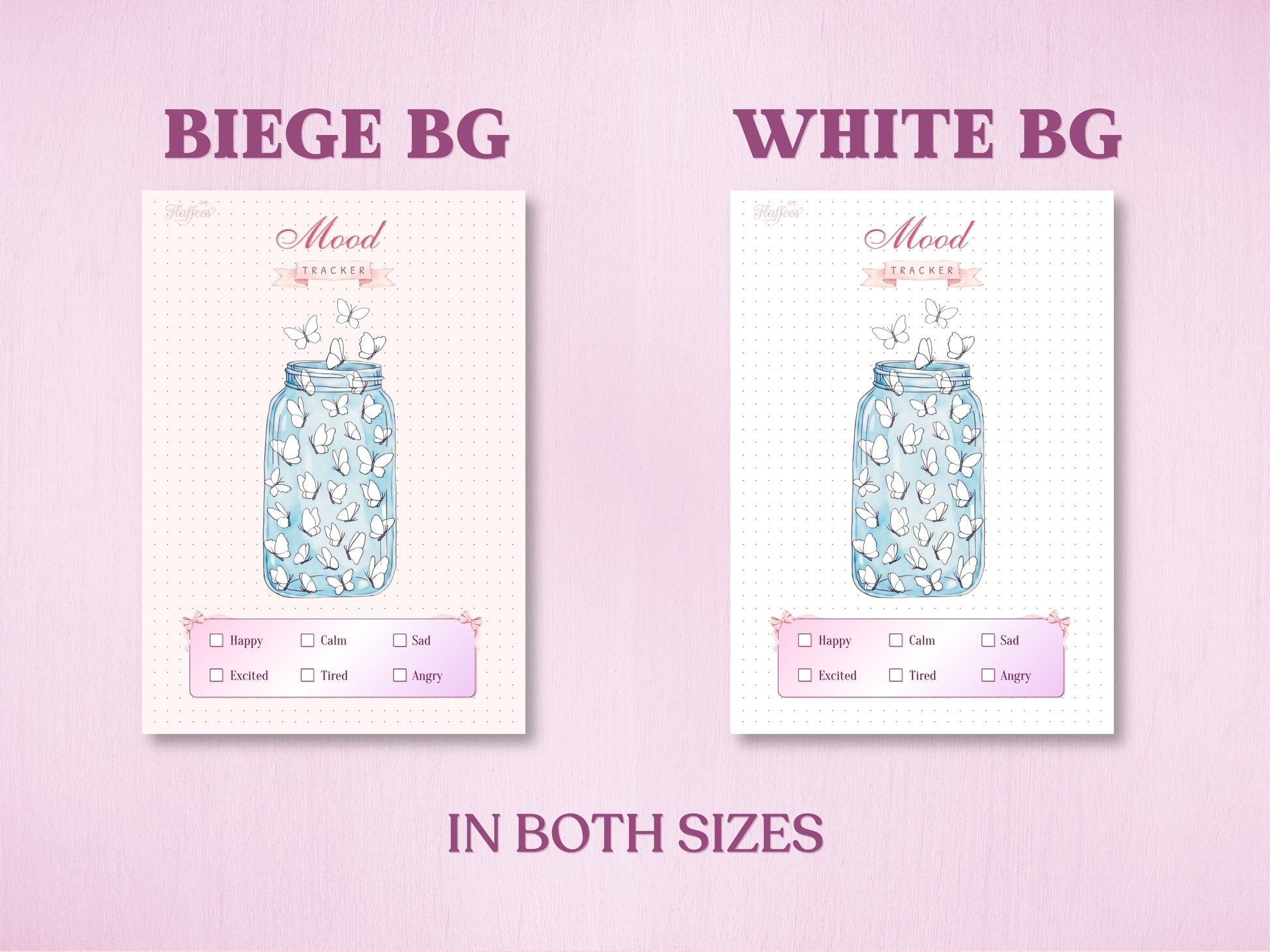 Product specification sheet showing two background color options for a butterfly jar mood tracker in a bullet journal: Beige Background (Beige BG) and White Background (White BG). Labeled with 'IN BOTH SIZES' at the bottom.