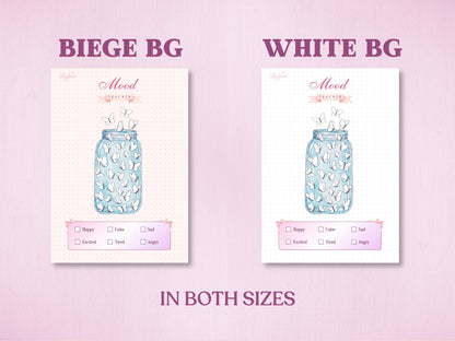 Product specification sheet showing two background color options for a butterfly jar mood tracker in a bullet journal: Beige Background (Beige BG) and White Background (White BG). Labeled with 'IN BOTH SIZES' at the bottom.