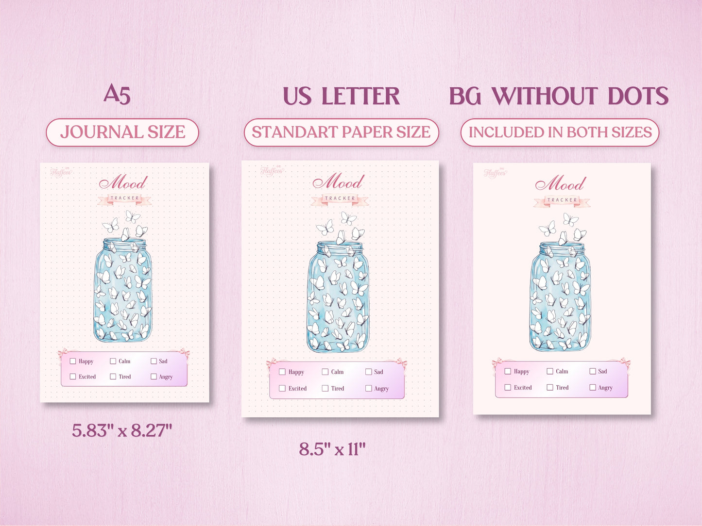 Technical layout displaying the butterfly jar mood tracker page for a bullet journal in A5 (Journal Size) and US Letter (Standard Paper Size). Includes a preview of the 'BG WITHOUT DOTS' version, showing exact paper dimensions at the bottom.