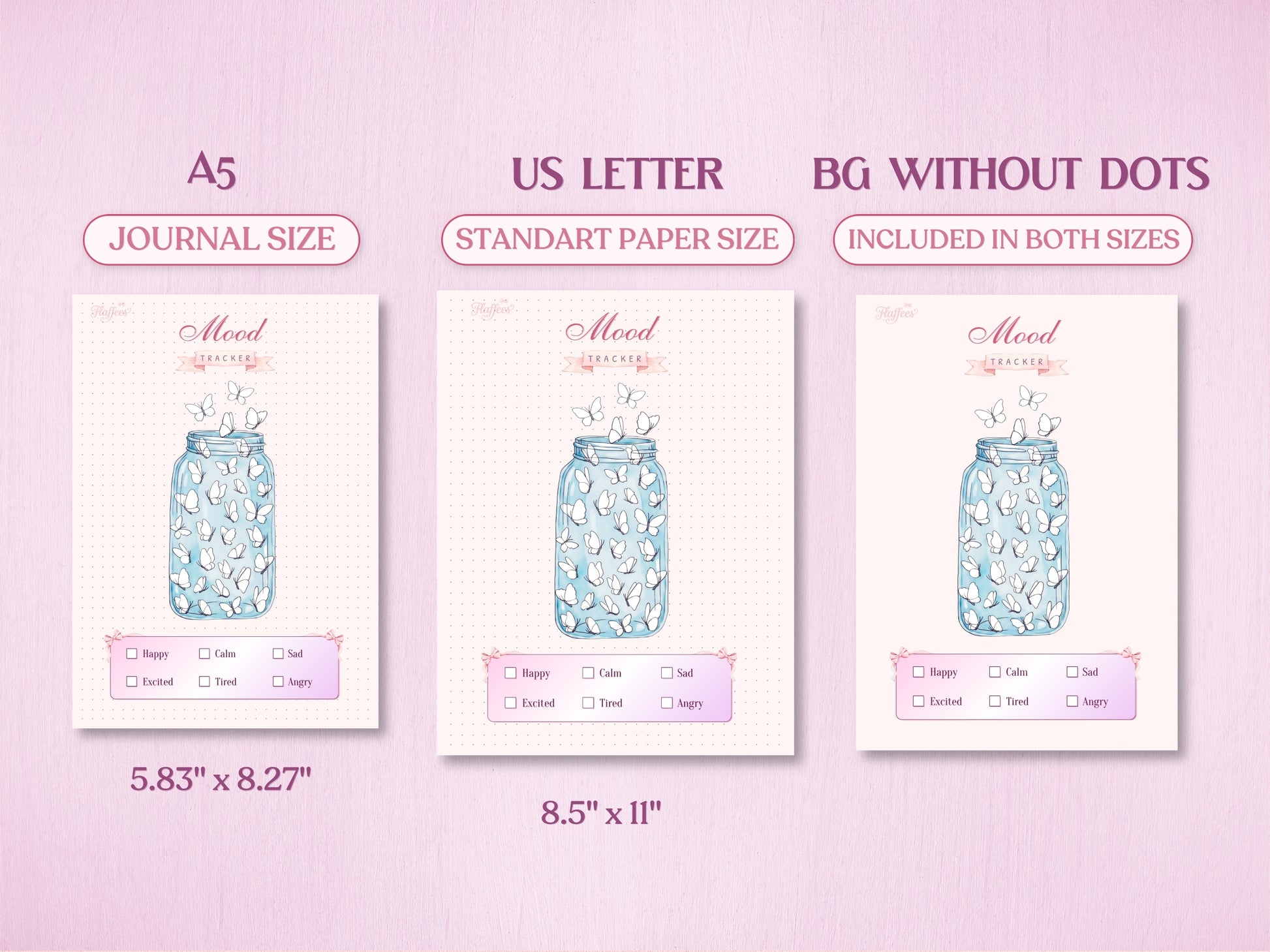 Technical layout displaying the butterfly jar mood tracker page for a bullet journal in A5 (Journal Size) and US Letter (Standard Paper Size). Includes a preview of the 'BG WITHOUT DOTS' version, showing exact paper dimensions at the bottom.