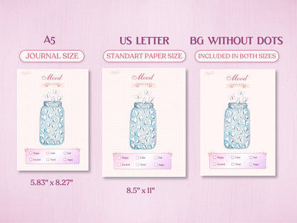 Technical layout displaying the butterfly jar mood tracker page for a bullet journal in A5 (Journal Size) and US Letter (Standard Paper Size). Includes a preview of the 'BG WITHOUT DOTS' version, showing exact paper dimensions at the bottom.