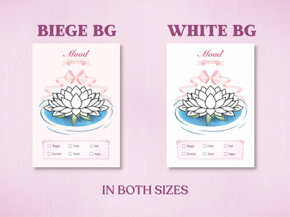 roduct specification layout showing two background options for a lotus flower mood tracker in a bullet journal: Beige Background (Beige BG) and White Background (White BG). Features a line-art lotus flower on water with a pink bow and a mood key at the bottom. Available in both sizes.