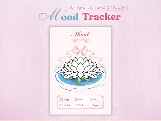 Mood tracker page featuring a beautiful lotus flower illustration on water with a pink bow and ribbons. Aesthetic layout with mood categories: Happy, Calm, Sad, Excited, Tired, and Angry. Dotted background for a classic bullet journal look.