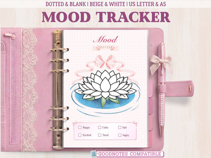 Mood tracker page for a bullet journal displayed inside an aesthetic pink leather binder with lace details and a matching bow pen. Features a line-art lotus flower design on a blue water element with a pink bow, a dotted grid background, and a mood key at the bottom. The top banner notes 'Dotted & Blank, Beige & White, US Letter & A5' and the bottom label says 'GoodNotes Compatible'.