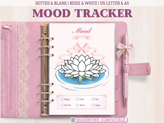 Mood tracker page for a bullet journal displayed inside an aesthetic pink leather binder with lace details and a matching bow pen. Features a line-art lotus flower design on a blue water element with a pink bow, a dotted grid background, and a mood key at the bottom. The top banner notes 'Dotted & Blank, Beige & White, US Letter & A5' and the bottom label says 'GoodNotes Compatible'.