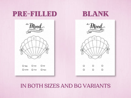 Product specification sheet showing two filling options for the seashell mood tracker in a bullet journal: Pre-Filled version with mood text categories and a completely Blank version to customize. Labeled with 'IN BOTH SIZES AND BG VARIANTS'.