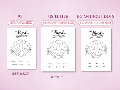 Technical layout displaying the minimalist seashell mood tracker page for a bullet journal in A5 (Journal Size, 5.83x8.27 inches) and US Letter (Standard Paper Size, 8.5x11 inches). Includes a preview of the 'BG WITHOUT DOTS' version on a soft pink background.