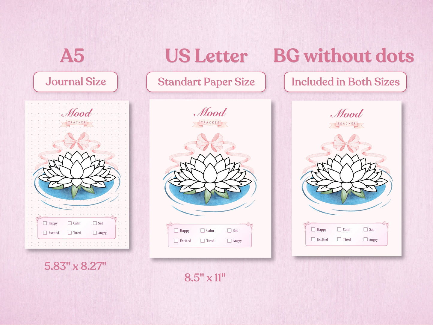 Technical preview of the mood tracker in A5 and US Letter sizes. The image also demonstrates the 'BG without dots' version, offering a clean white background option for both sizes. Soft pink and blue watercolor aesthetic.
