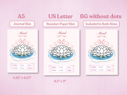 Technical preview of the mood tracker in A5 and US Letter sizes. The image also demonstrates the 'BG without dots' version, offering a clean white background option for both sizes. Soft pink and blue watercolor aesthetic.