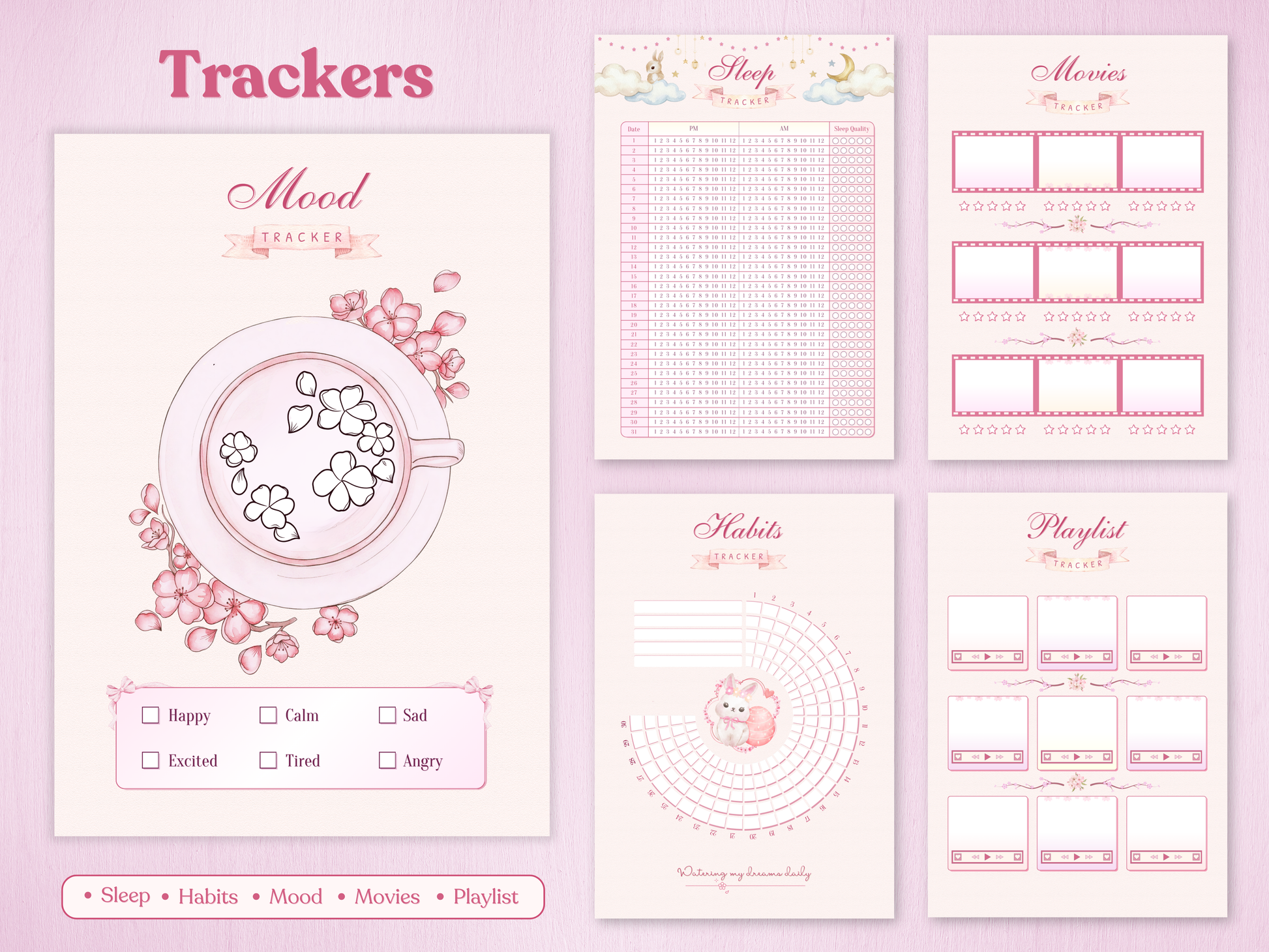Aesthetic habit trackers: tea cup mood tracker with sakura petals, sleep log with moon and clouds, circular habit tracker, movie and playlist trackers. Light pink and cream colors.