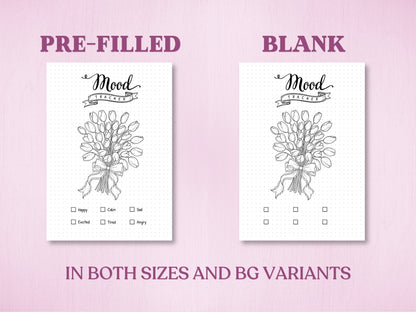 Product specification sheet showing two filling variations for the tulip bouquet mood tracker in a bullet journal: a Pre-Filled version with categories and a completely Blank version to customize. Labeled with 'IN BOTH SIZES AND BG VARIANTS'.
