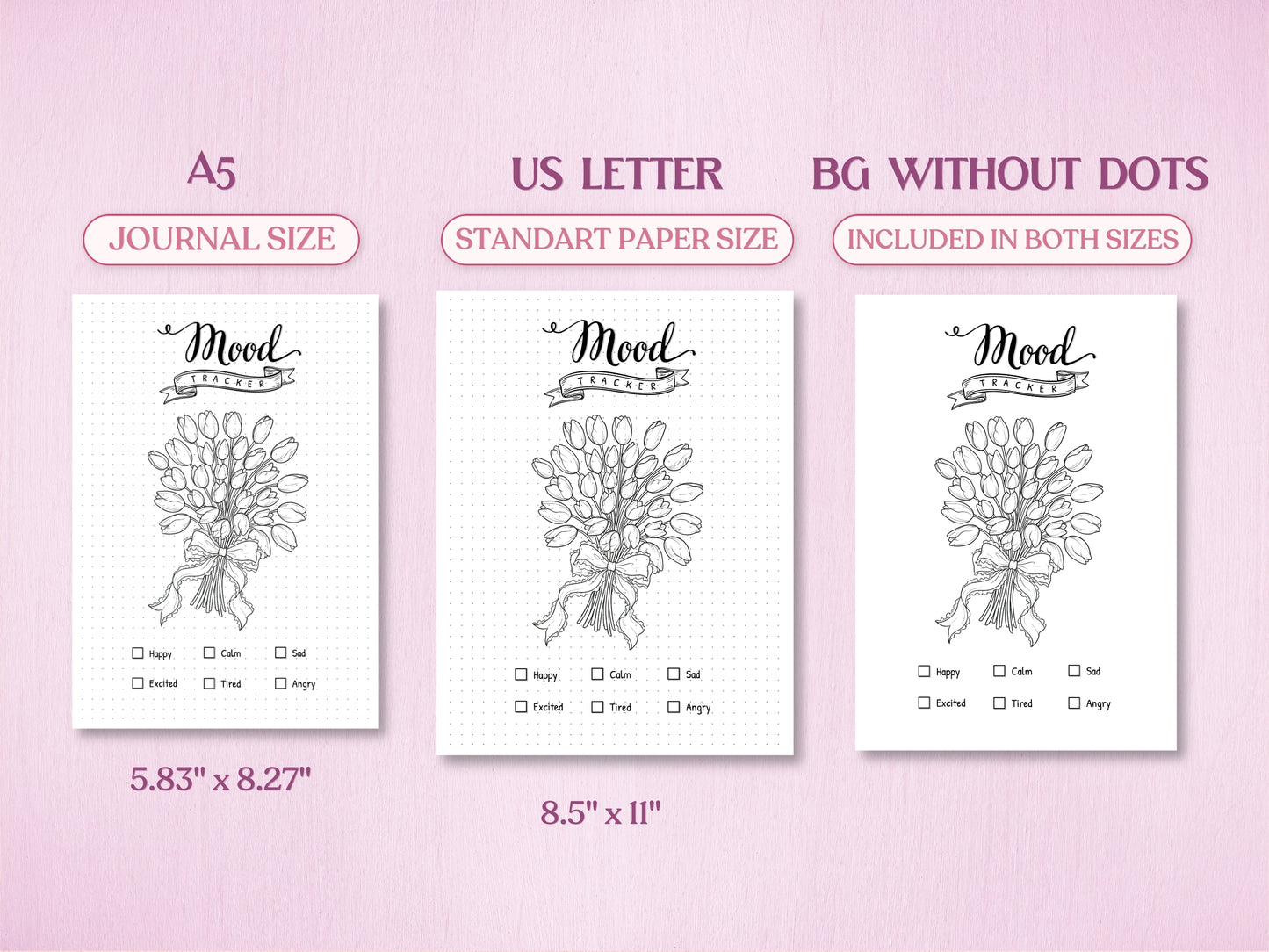 Technical layout showing the tulip bouquet mood tracker page for a bullet journal in A5 (Journal Size) and US Letter (Standard Paper Size). Includes a preview of the 'BG WITHOUT DOTS' version on a soft pink background.