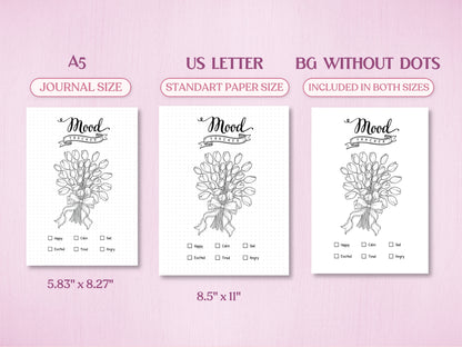 Technical layout showing the tulip bouquet mood tracker page for a bullet journal in A5 (Journal Size) and US Letter (Standard Paper Size). Includes a preview of the 'BG WITHOUT DOTS' version on a soft pink background.