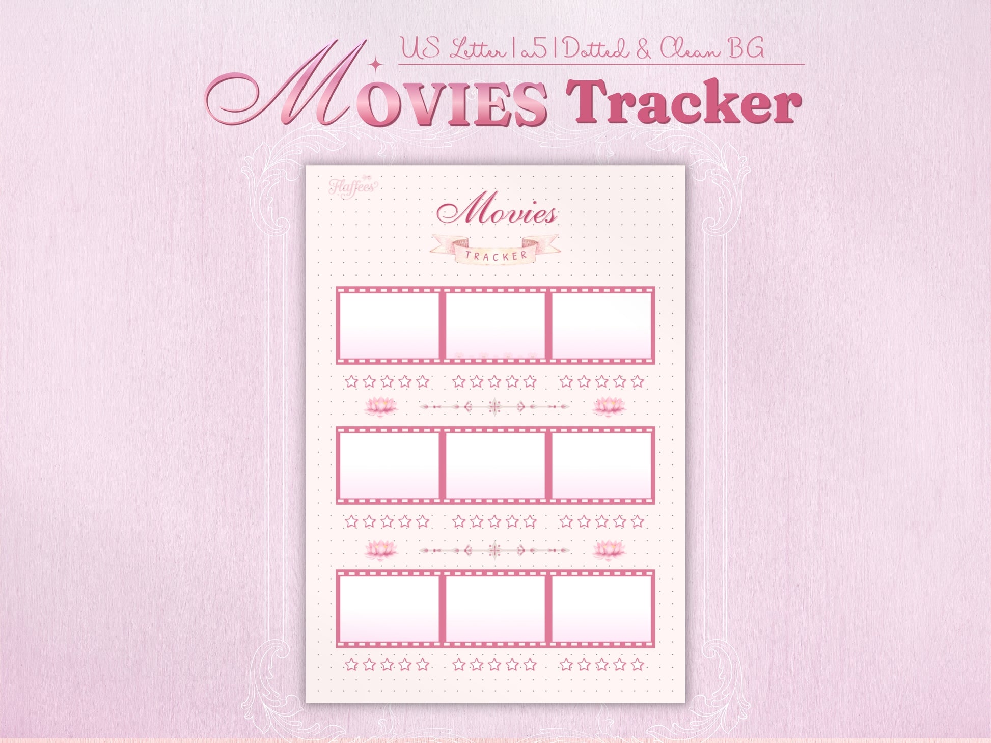 Movies tracker page with a creative design featuring horizontal pink film strips as entry boxes. Organized layout with three film strips, each containing three frames (allowing for 9 movie entries per page). Each frame includes a 5-star rating system. Aesthetic pastel design with a dotted background for a bullet journal look.