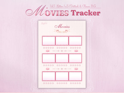 Movies tracker page with a creative design featuring horizontal pink film strips as entry boxes. Organized layout with three film strips, each containing three frames (allowing for 9 movie entries per page). Each frame includes a 5-star rating system. Aesthetic pastel design with a dotted background for a bullet journal look.