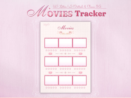 Movies tracker page with a creative design featuring horizontal pink film strips as entry boxes. Organized layout with three film strips, each containing three frames (allowing for 9 movie entries per page). Each frame includes a 5-star rating system. Aesthetic pastel design with a dotted background for a bullet journal look.