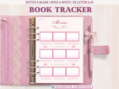 A movies tracker insert for a bullet journal displayed inside an open pink leather binder decorated with lace and a matching bow pen. The template features rows of pink film strip boxes for drawing or writing movie titles, each with a 5-star rating scale underneath, separated by lotus flower accents on a dotted grid background. Labeled as GoodNotes compatible.