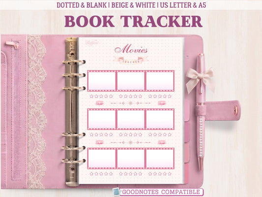 A movies tracker insert for a bullet journal displayed inside an open pink leather binder decorated with lace and a matching bow pen. The template features rows of pink film strip boxes for drawing or writing movie titles, each with a 5-star rating scale underneath, separated by lotus flower accents on a dotted grid background. Labeled as GoodNotes compatible.