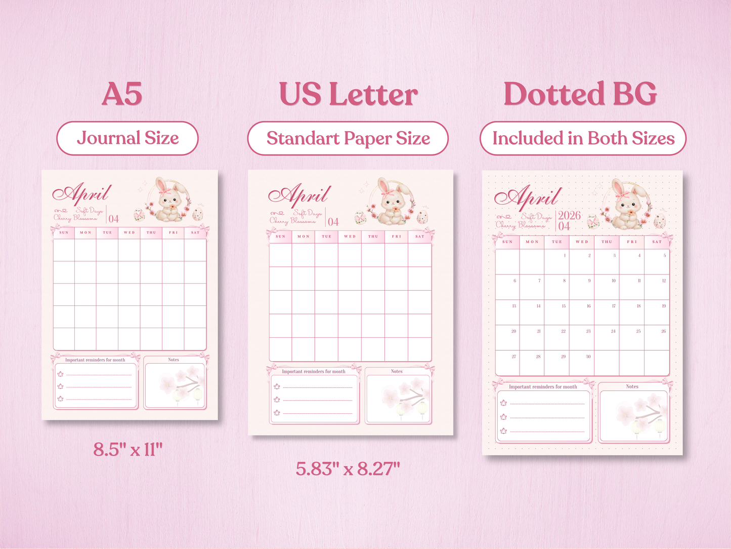Product specifications showing available sizes: A5 journal size and US Letter standard paper size. Dotted background version included for bullet journaling. Features the April monthly calendar.