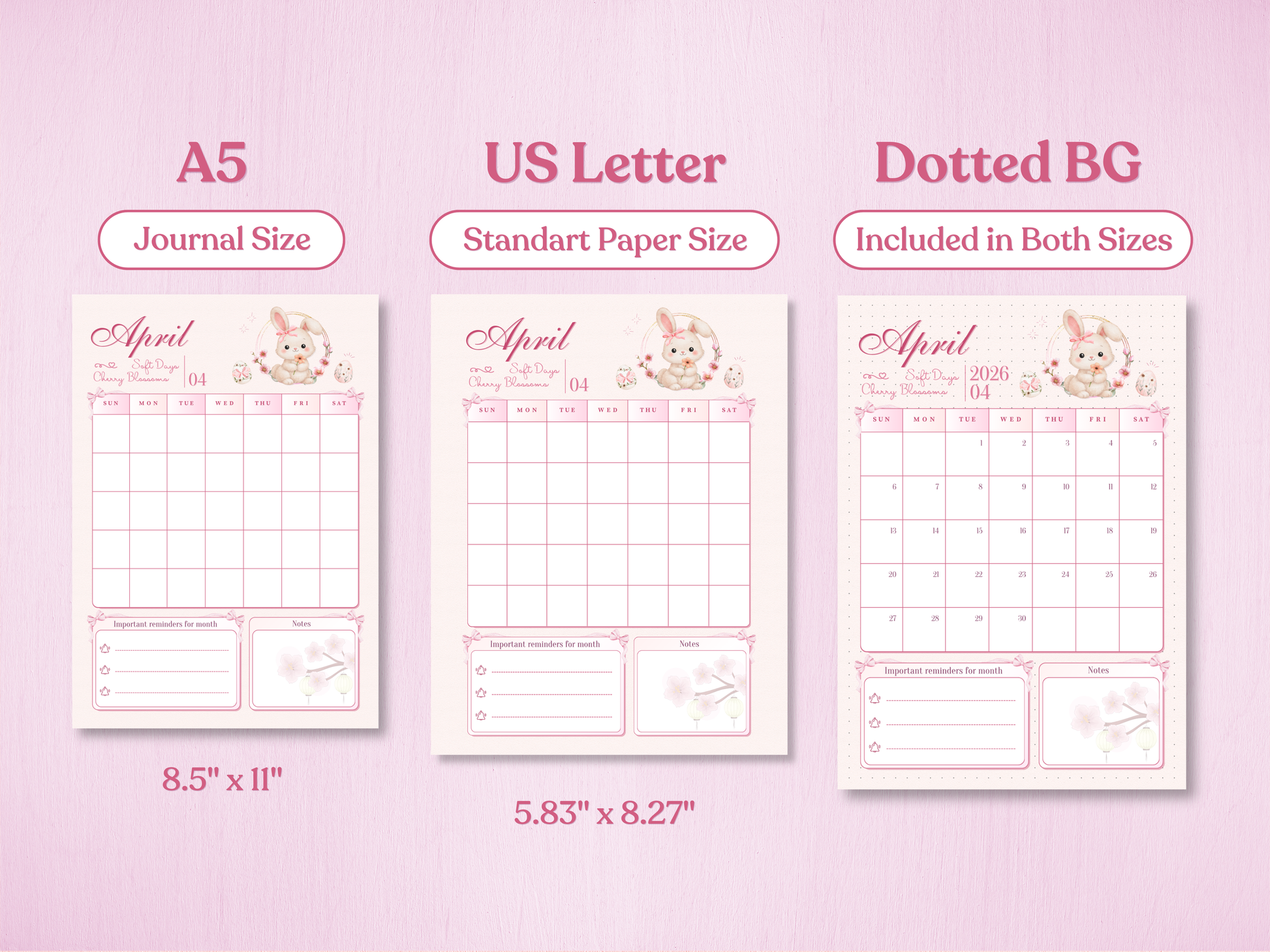 Product specifications showing available sizes: A5 journal size and US Letter standard paper size. Dotted background version included for bullet journaling. Features the April monthly calendar.