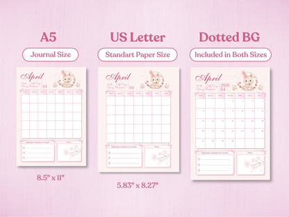 Product specifications showing available sizes: A5 journal size and US Letter standard paper size. Dotted background version included for bullet journaling. Features the April monthly calendar.