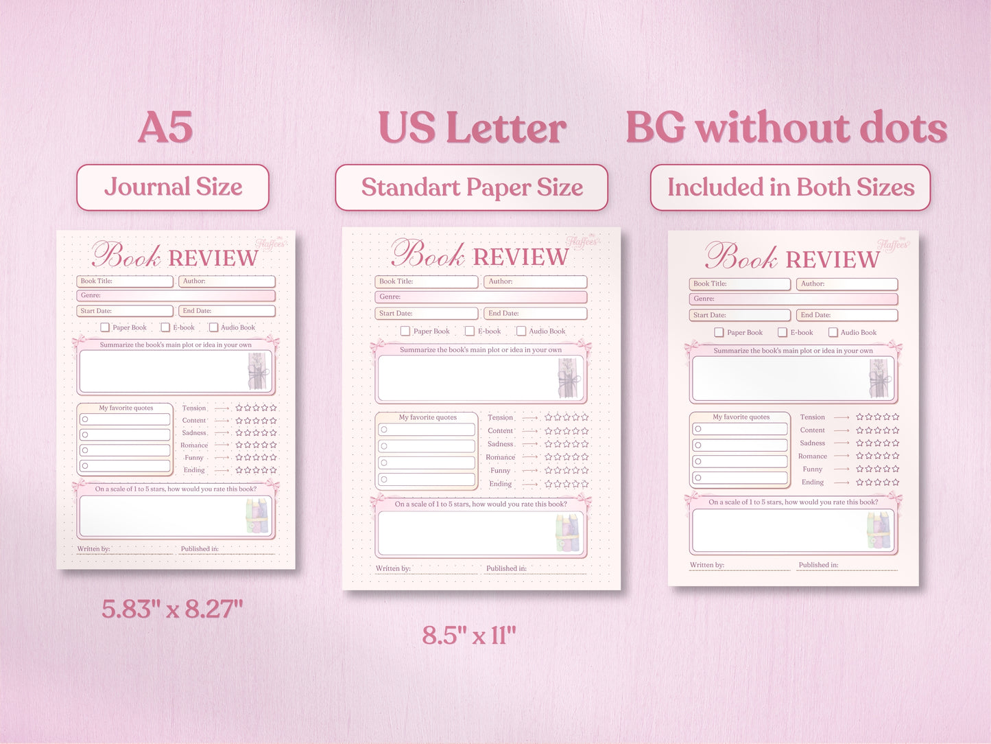 A technical preview showing the detailed book review planner in A5 and US Letter sizes, complete with measurements. Displays both the classic dotted background and the 'BG without dots' option, highlighting a clean white choice for printers. Features small pencil and ribbon art.